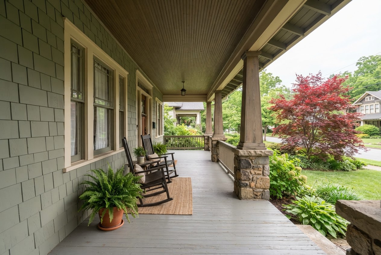 Covered front porch with tapered wood columns on fieldstone piers, sage-green shake wall with cream trim, two rocking chairs, a potted fern and the red Japanese maple beyond