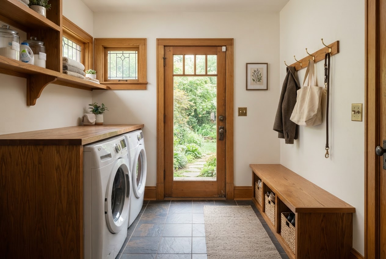 Mudroom and laundry with front-loading washer and dryer under an oak counter, oak bench with cubbies and coat hooks, slate-look tile floor and half-glass back door to the garden