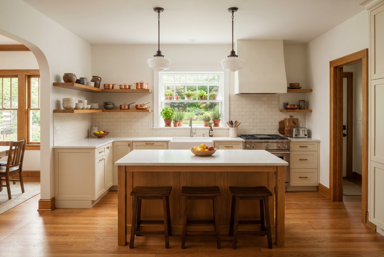Renovated kitchen with cream inset shaker cabinets, honey-oak island with white quartz top and wood stools, plaster range hood, schoolhouse pendants, and a garden window with herbs over the apron-front sink