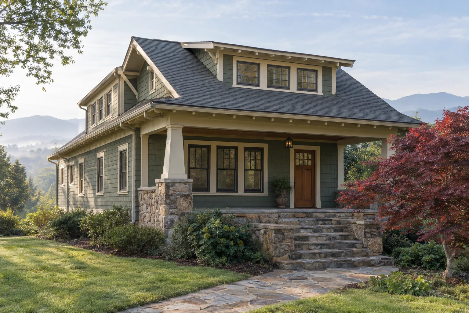 Front porch and fieldstone steps of 41 Larkspur Lane, a 1920s Craftsman bungalow in Montford, with a red Japanese maple