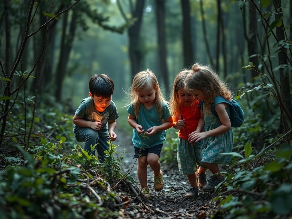 A group of children exploring a forest trail, examining plants