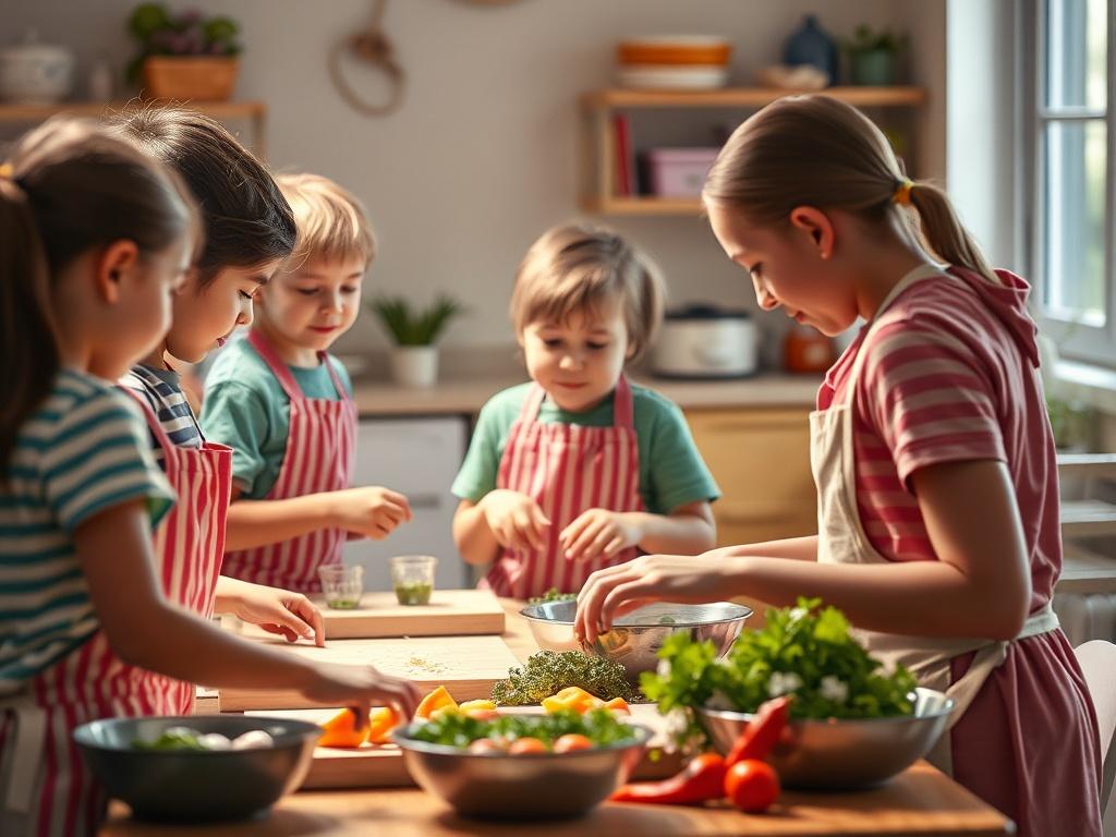 A child leading a group in a cooking class, showcasing