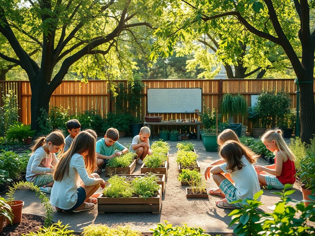A serene outdoor classroom with children engaged in gardening activities,