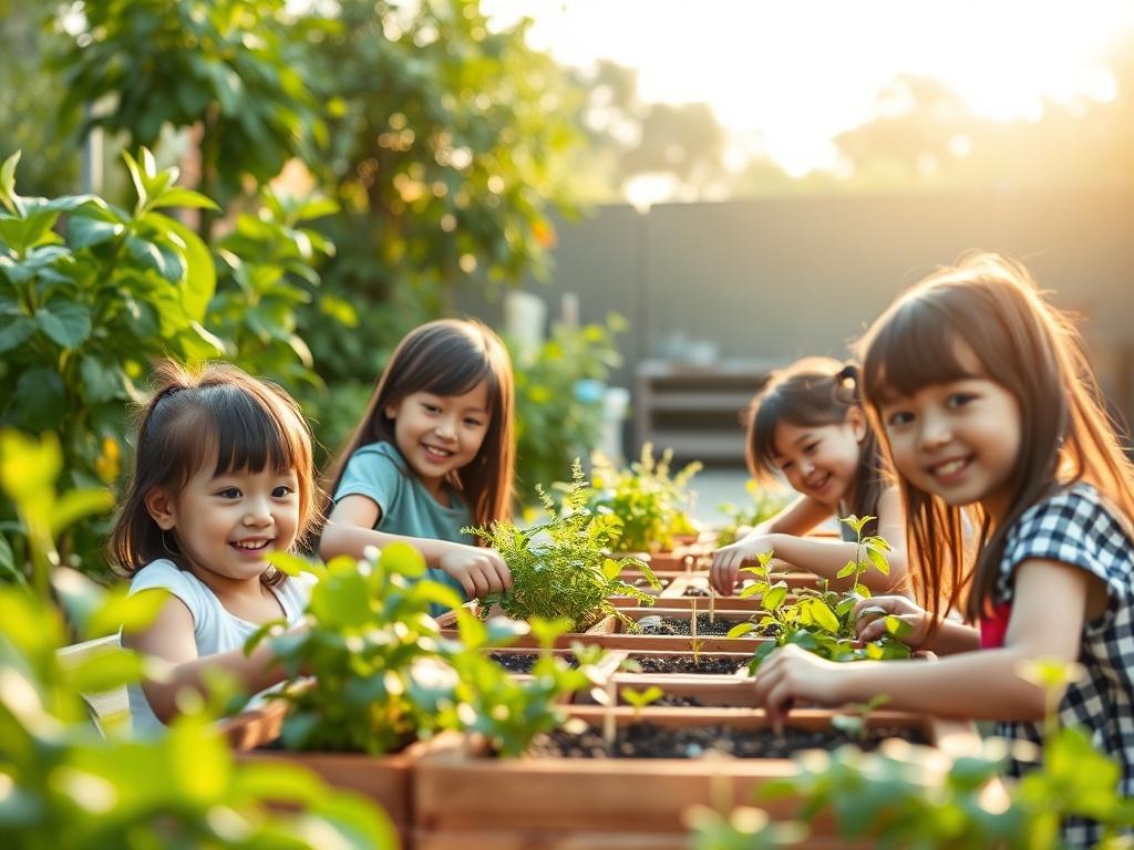 A serene outdoor classroom scene featuring children engaged in gardening