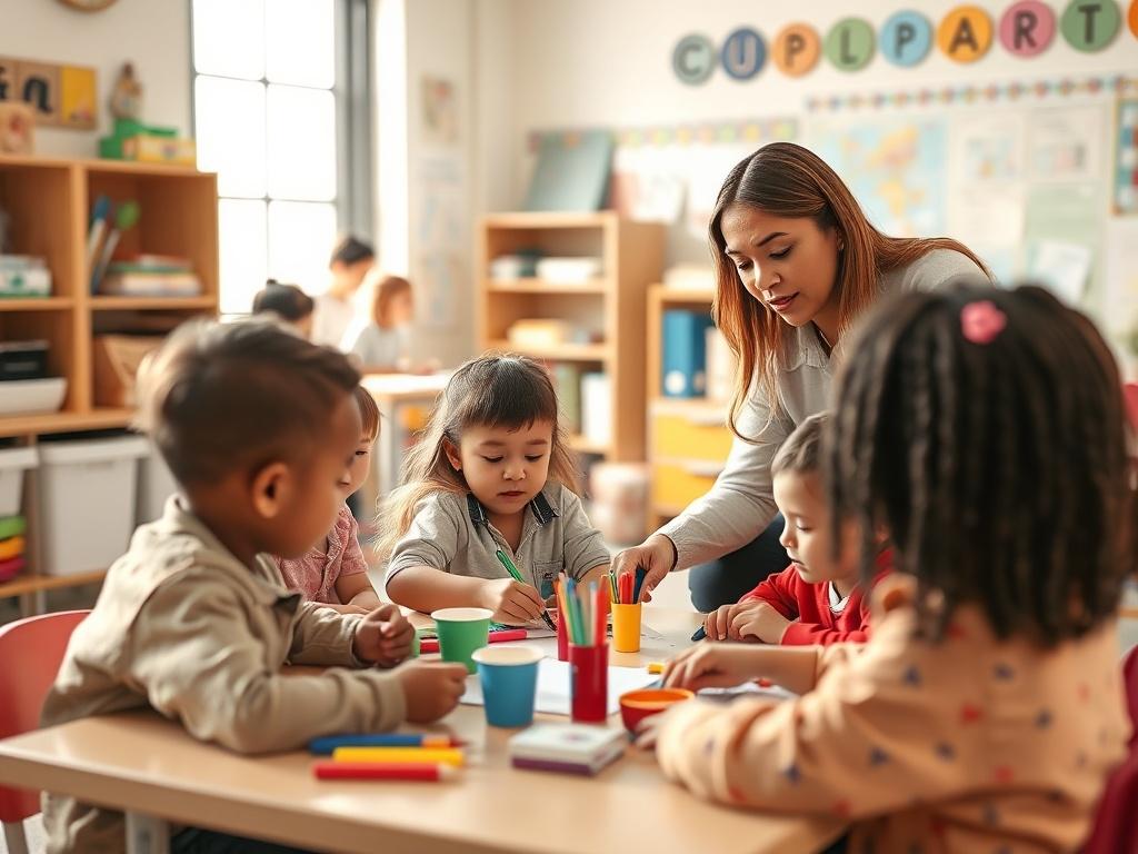 A warm, inviting classroom setting with a teacher assisting a