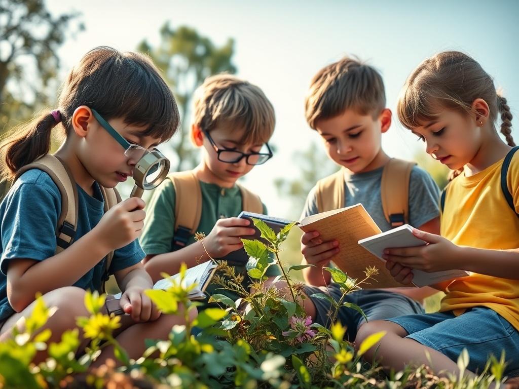A dynamic outdoor exploration scene with students examining plants, insects,