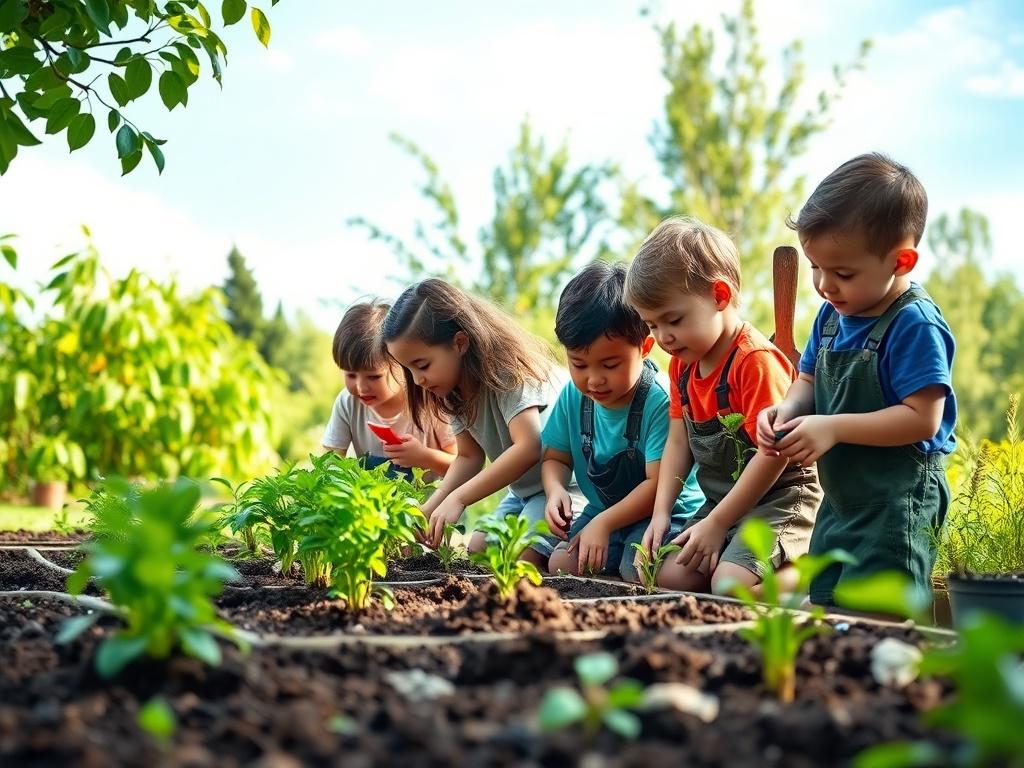 A vibrant outdoor classroom scene with students engaged in gardening,