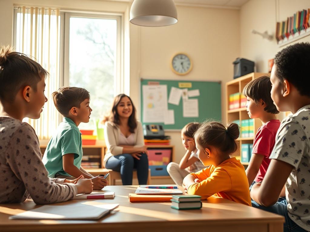 A warm, inviting classroom with a teacher engaging a small