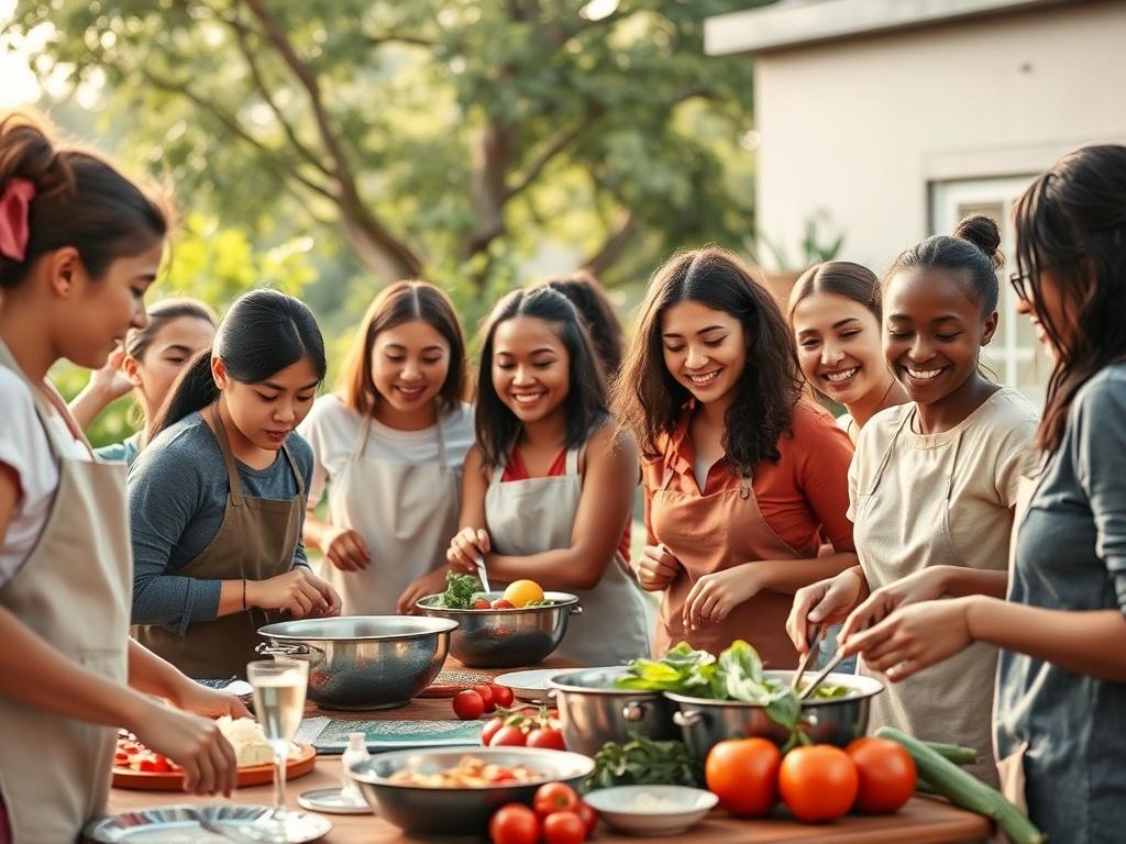 A diverse group of students participating in a cooking class