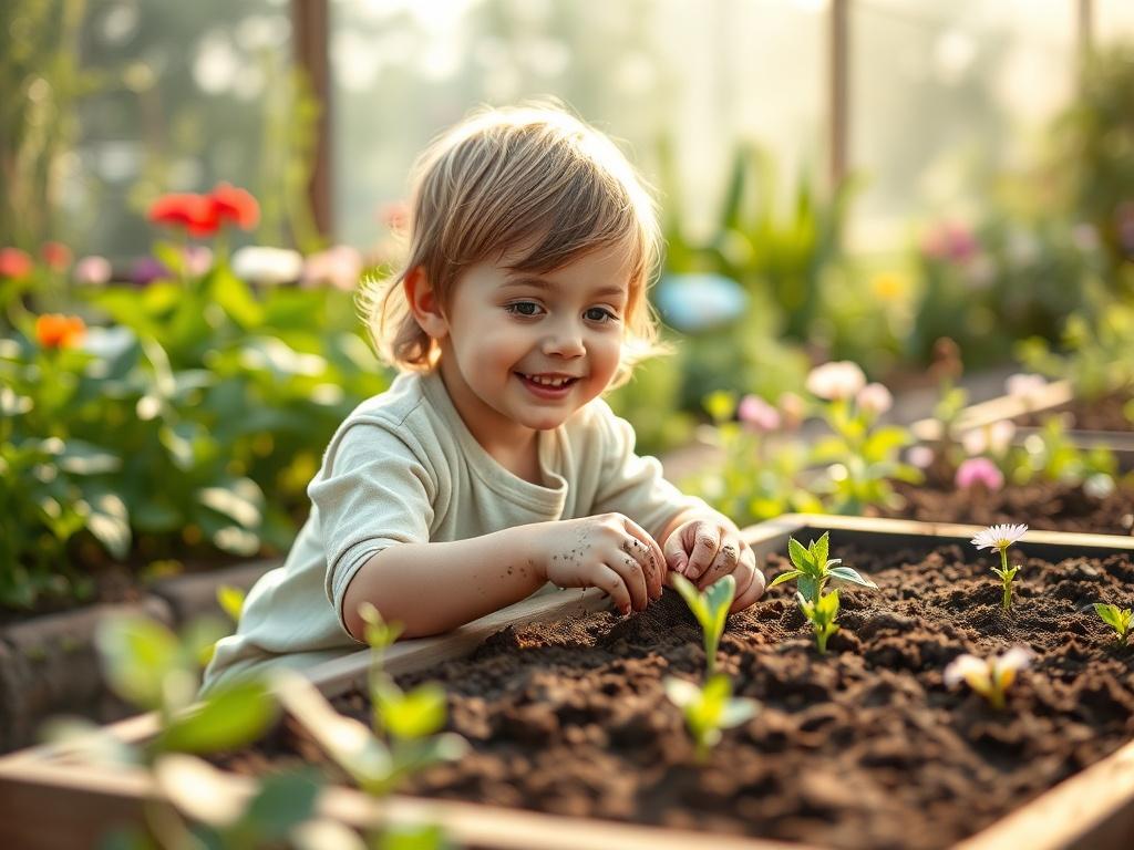 "Create a realistic high-resolution photo that captures the essence of hands-on learning for children. The primary subject should be a young child, around 7 years old, engaged in a gardening activity, planting seeds in a small, sunlit garden bed. The child should be focused and smiling, wearing a light, comfortable outfit, with dirt on their hands, showcasing their active participation in the learning process. 

In the background, depict a vibrant garden filled with various plants and flowers, softly blurre
