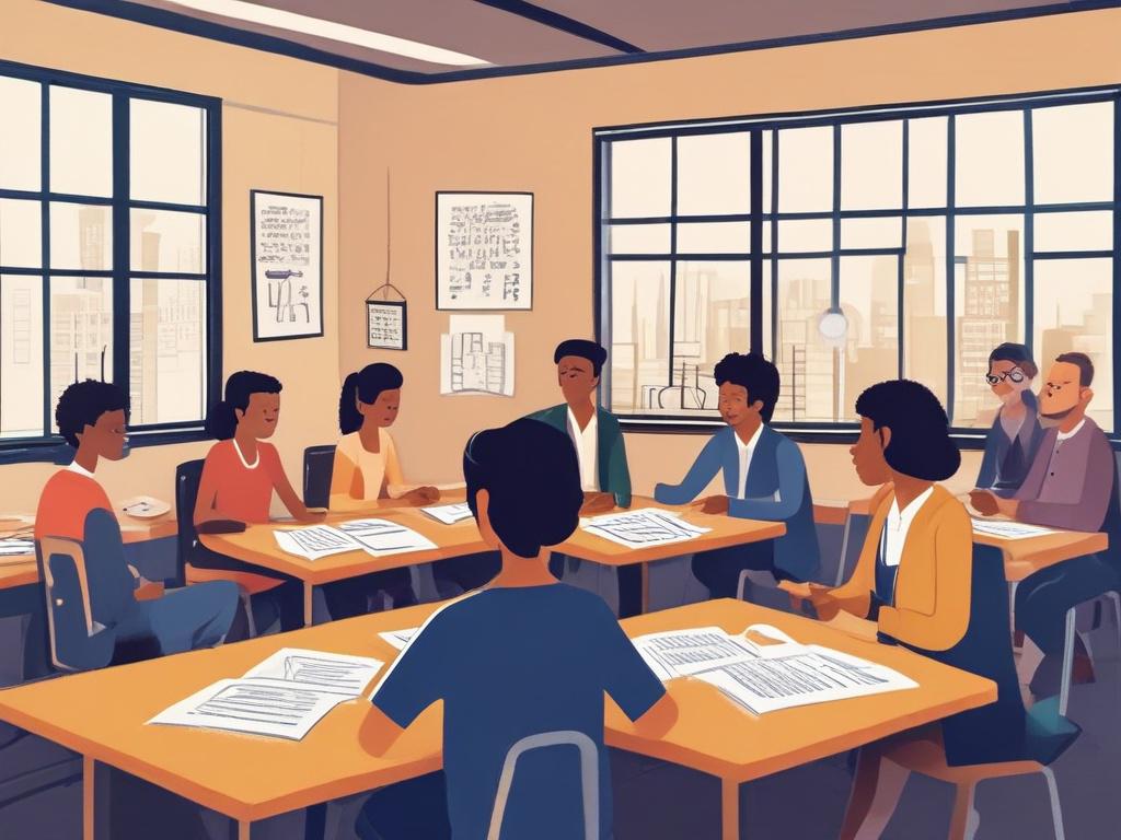 an illustration of a small group of diverse students engaged