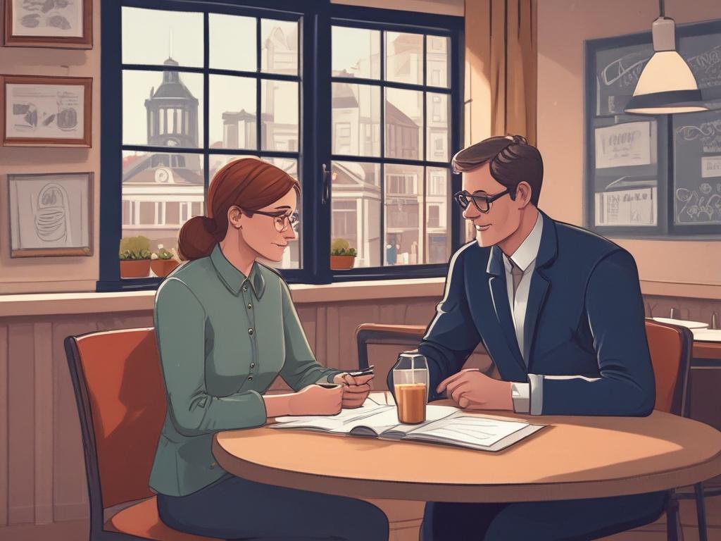 A warm and inviting illustration of a one-on-one private French lesson. Depict a friendly, experienced French teacher sitting across from an engaged adult student at a cozy table. The background should include elements of a French café, such as a small café table, croissants, and a steaming cup of coffee, with soft, warm colors. The teacher is gesturing animatedly, while the student is taking notes, showing interest and enjoyment. The overall atmosphere should feel engaging, fun, and result-driven.