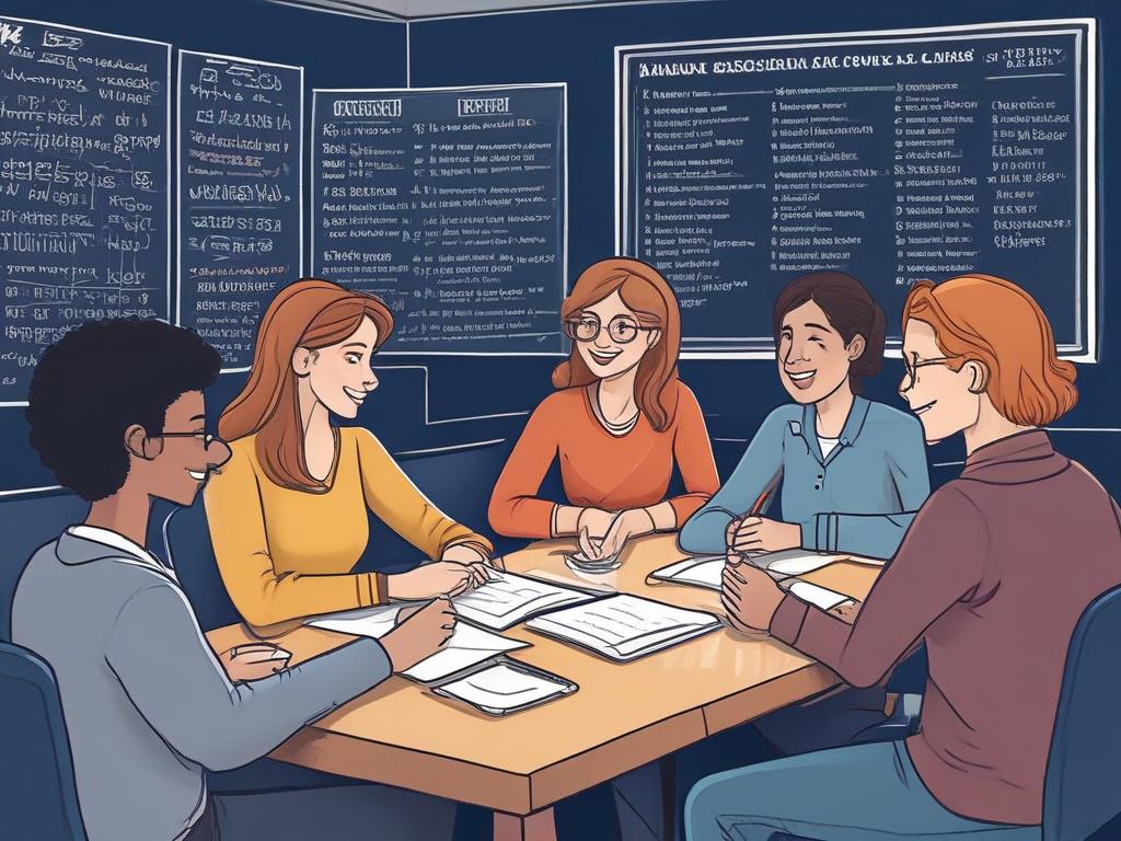 A warm and inviting illustration of a diverse group of students engaged in a French language class. The setting is a cozy classroom with a chalkboard in the background filled with French phrases. Students of various ages and backgrounds are smiling and interacting with each other, showcasing a supportive learning environment. The color palette is soft and friendly, dominated by navy blue and white, with touches of gold accents. The atmosphere feels encouraging and vibrant, illustrating the joy of learning a