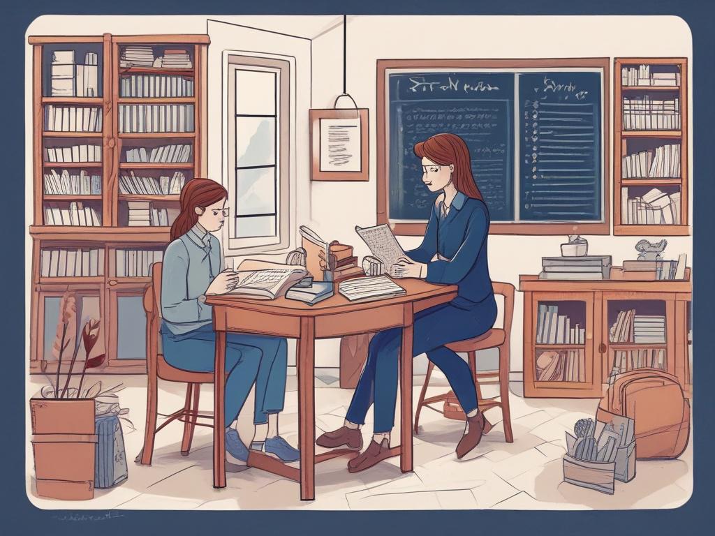 An illustration of a friendly French teacher sitting with a student in a cozy learning space, surrounded by books and a chalkboard with French words. The atmosphere feels warm and inviting, showcasing a personal teaching moment with a soft color palette including navy blue and accents of gold. The background features a window with sunlight streaming in, creating a cheerful ambiance.