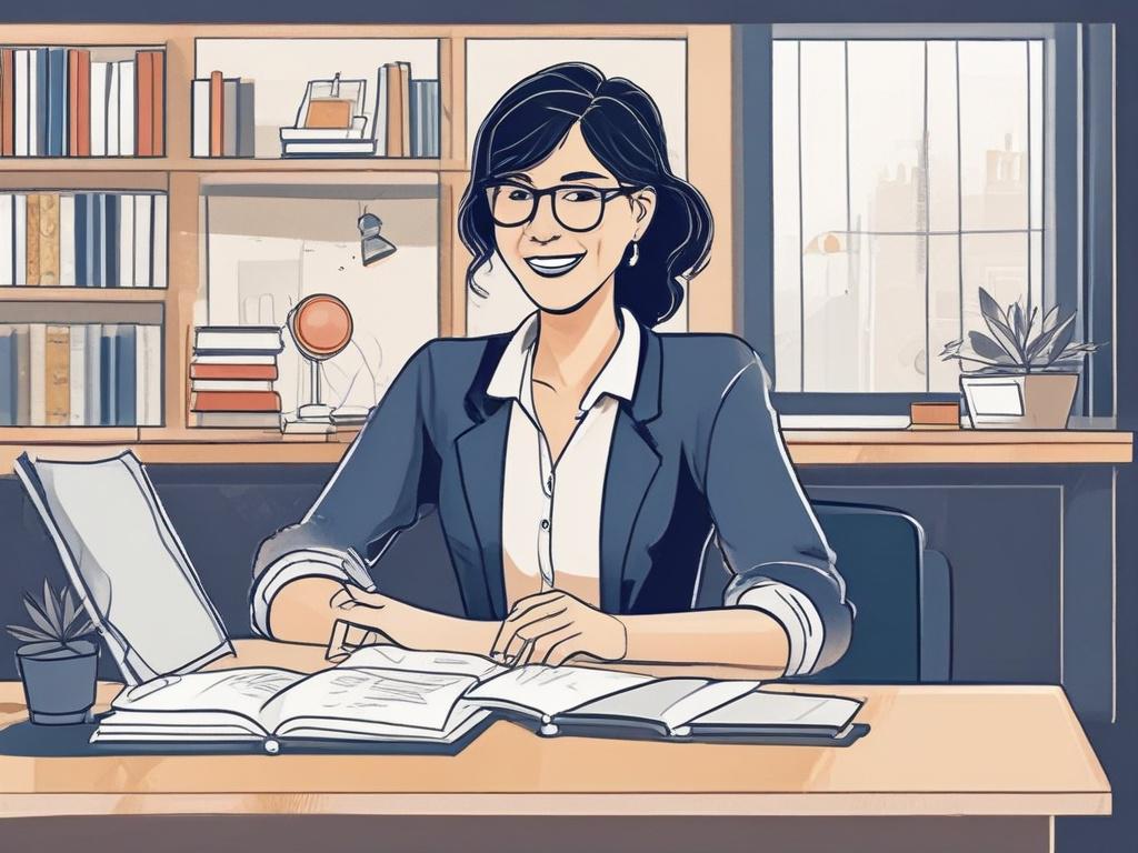 **AI Image Generation Prompt:**

Create a high-quality illustration featuring an adult learner smiling and engaged in a French language class. The subject should be a young woman in her early 30s, sitting at a modern desk in a bright, airy classroom. She has a notebook open in front of her and a pen in hand, actively taking notes. Surround her with vibrant visuals related to French culture, such as a small flag, a croissant, and a cup of café au lait on the desk to emphasize the language learning theme.

Th