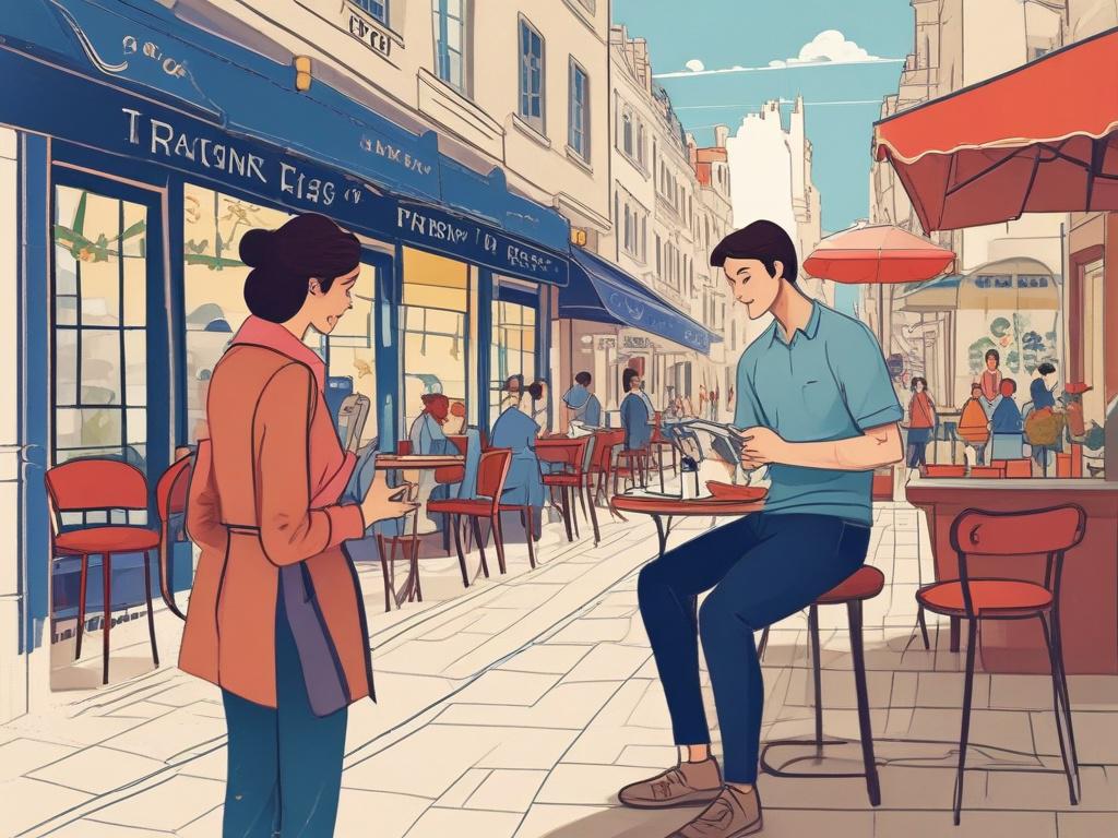 **AI Image Generation Prompt:**

Create a high-quality illustration depicting a traveler looking at a city map in a charming French café. The traveler is a young adult, casually dressed and holding a French phrasebook in one hand, absorbed in studying the map. The café has outdoor seating, adorned with small round tables and colorful flowers in pots. 

The background features a quaint street scene typical of Paris, showcasing iconic elements such as a glimpse of the Eiffel Tower in the distance and a few ca