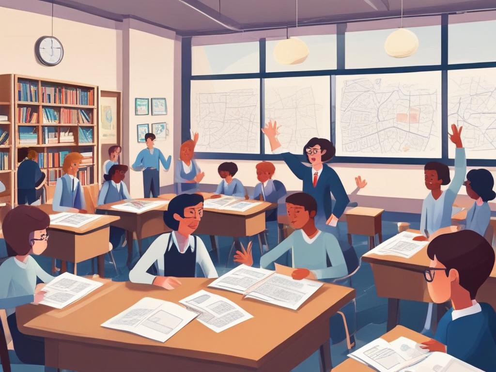 An energetic classroom scene where a teacher is leading a group of enthusiastic students in a dynamic French learning session. The room is filled with visual aids like maps of France and cultural artifacts, creating an immersive language experience.