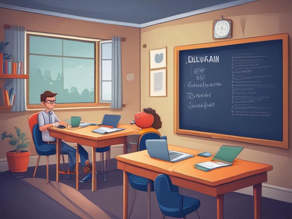A cozy private room setting with a teacher and a student engaged in a lively French lesson. The background features a chalkboard with French vocabulary and colorful learning tools like flashcards and books, creating a warm and inviting atmosphere.