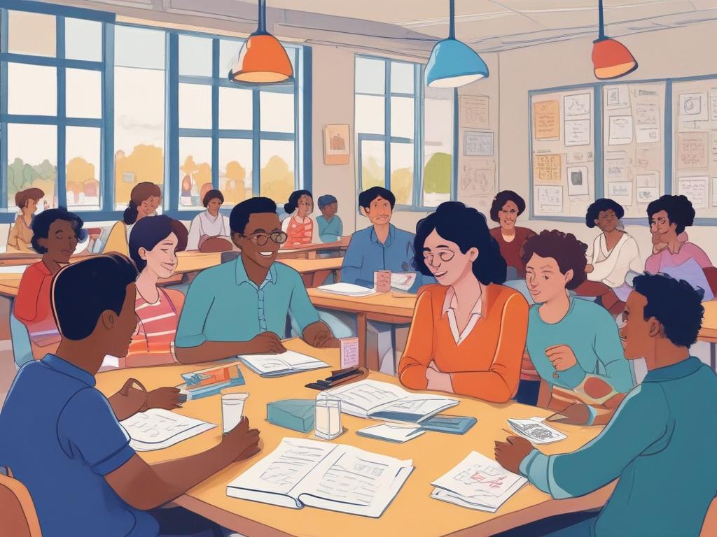 A group of diverse adult learners sitting around a table in a bright classroom, engaging in a French conversation activity. The atmosphere is lively and collaborative, with colorful learning materials and cheerful decorations that reflect French culture.