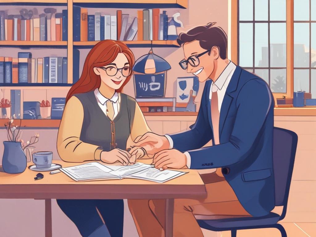 An illustration of a friendly teacher engaging with a student in a cozy learning environment. The teacher is a middle-aged person with glasses, demonstrating an interactive French lesson. The background features elements of French culture, like a small Eiffel Tower model and a French flag, creating a warm and inviting atmosphere.