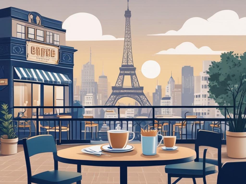 A cozy French café setting with soft navy blue background, featuring a single steaming cup of coffee on a table with a croissant nearby. The Eiffel Tower is subtly visible in the background, adding a touch of Parisian charm. The illustration should be warm and inviting, with friendly, approachable design elements.