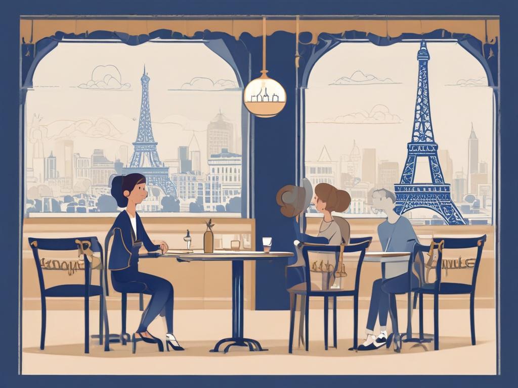 Small group French class setting, soft navy blue background, students engaging in conversation, friendly teacher facilitating, interactive learning materials like whiteboard and flashcards
