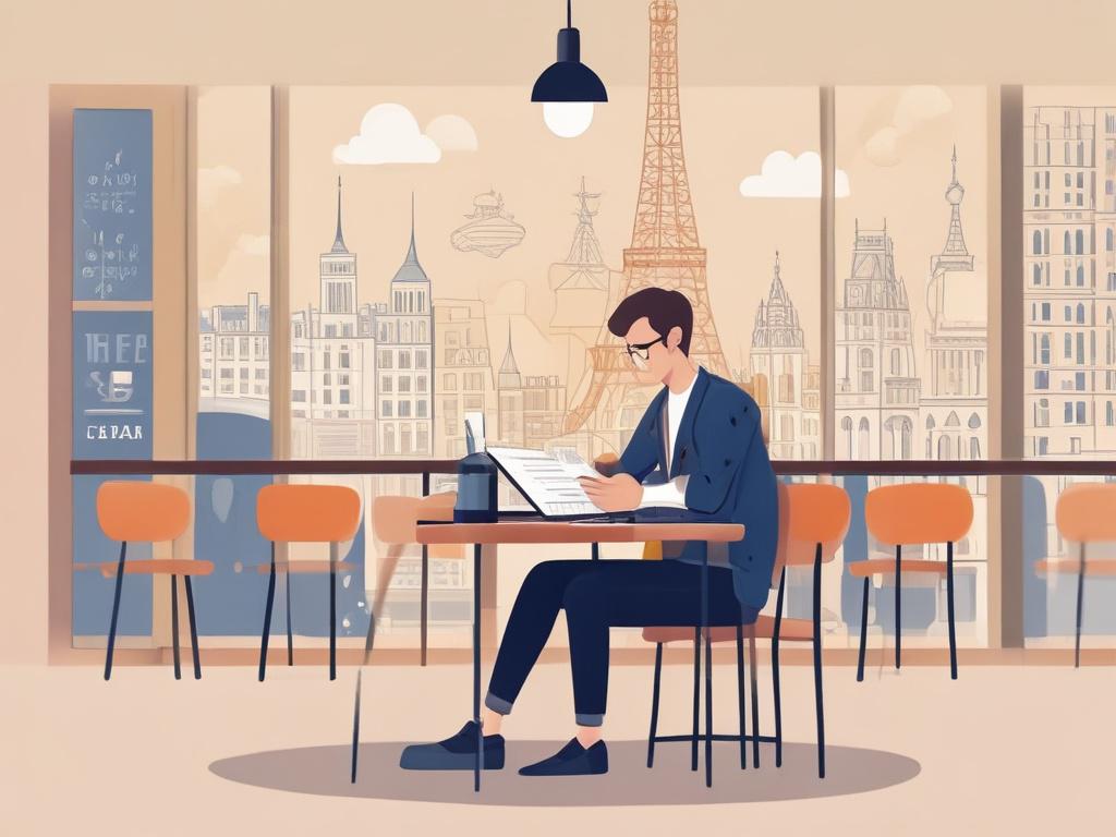 a simple, friendly infographic depicting a student in a virtual class with a teacher, soft navy blue background