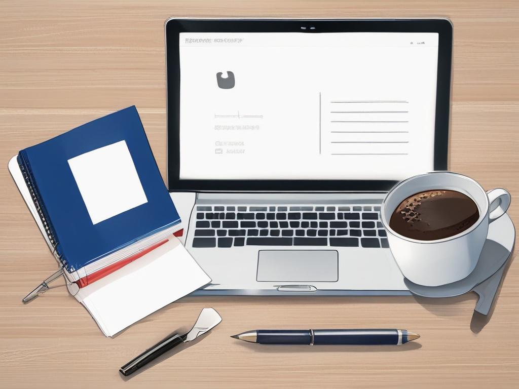 A clean, bright image of a notebook, pen, and a cup of coffee neatly arranged on a white desk. Include a small French flag or a 'Bonjour' card subtly placed next to the coffee cup. The overall composition should be simple and inviting, reflecting a warm and welcoming atmosphere.