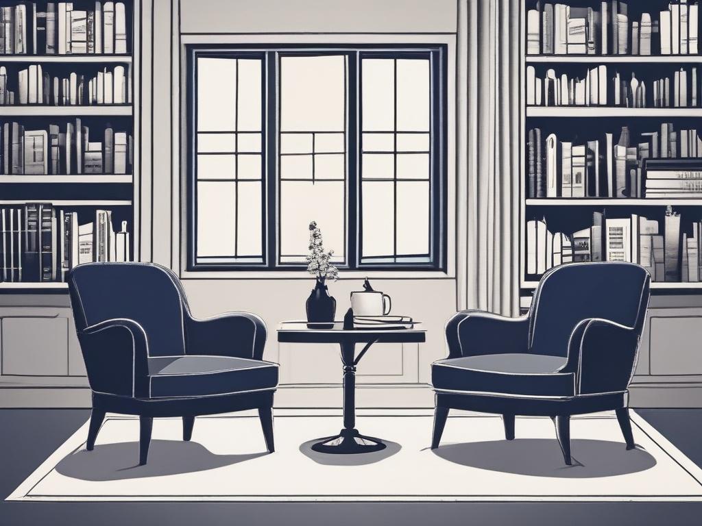 A minimalist illustration depicting two elegant chairs facing each other across a tidy table. On the table, place a French book and a pair of eyeglasses. The background should convey a calm and uncluttered atmosphere, resembling a library or an elegant office. The color palette should be soft and warm, with touches of navy blue for a professional vibe.