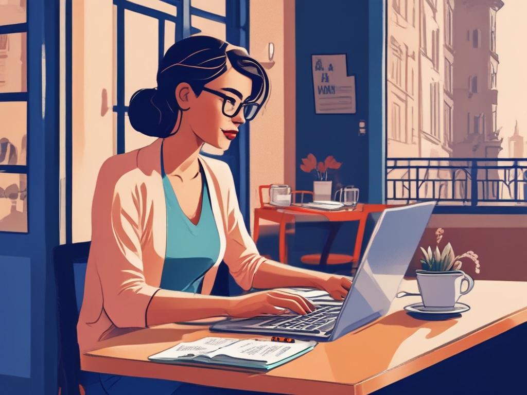 An illustration of a determined student studying French on a laptop at a café, with a coffee cup and a notebook nearby. The setting captures a vibrant urban café atmosphere, blending French culture elements with Sydney scenery, using inviting colors and navy blue accents.