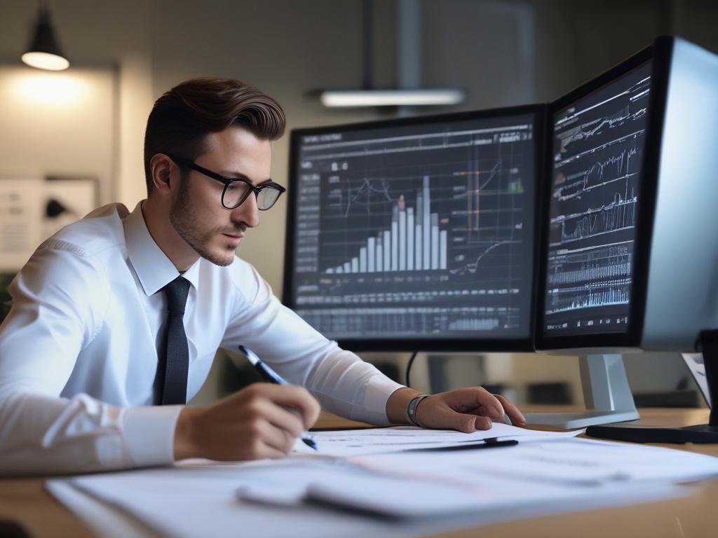 A close up shot of a financial analyst studying market