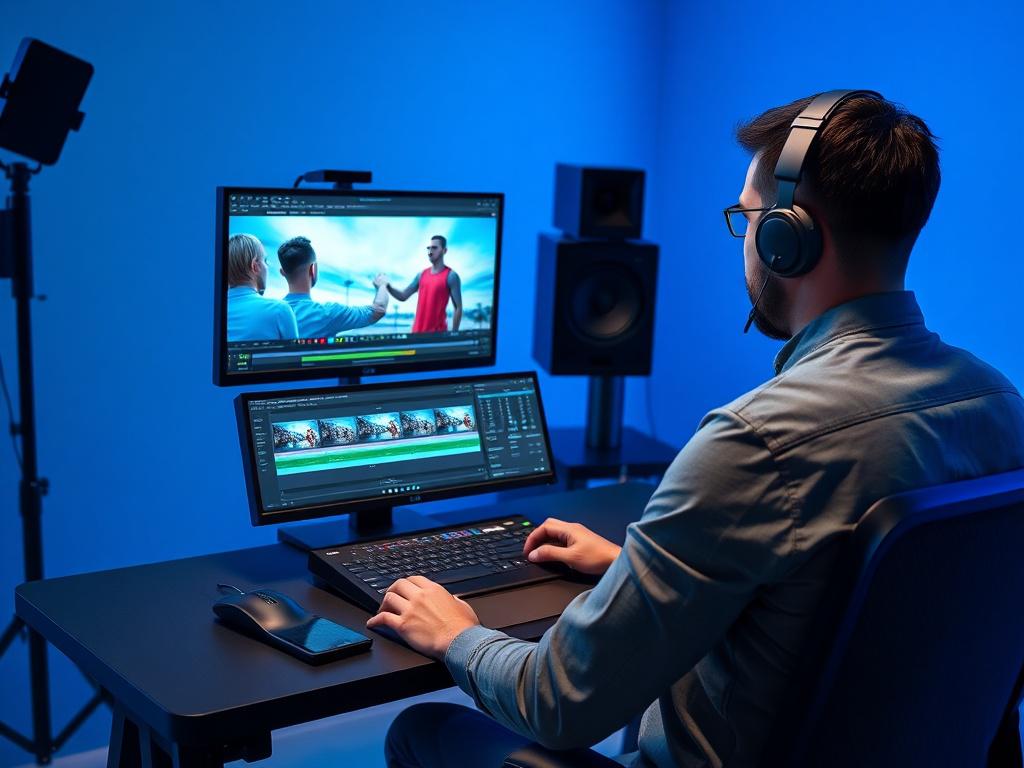 A realistic high resolution of a digital marketing professional editing