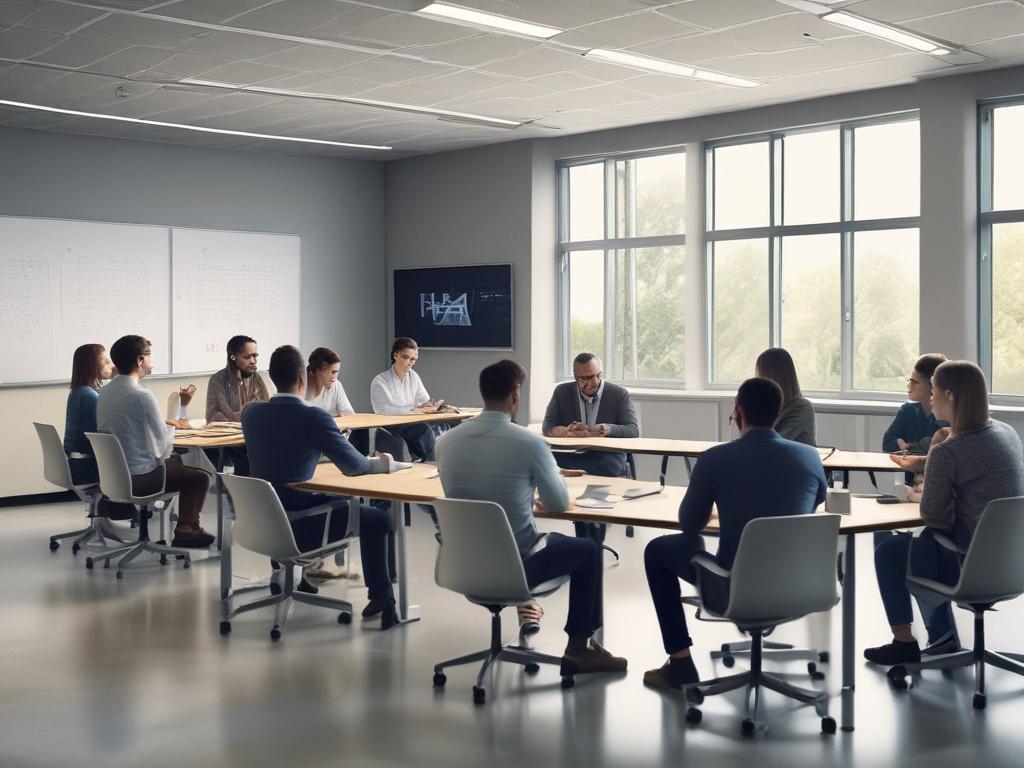 A focused close-up of a diverse group of professionals engaged in an interactive data analysis training session. The setting is a modern, well-lit classroom with sleek furniture and a large screen displaying data visuals. The participants are actively discussing and collaborating, showcasing their enthusiasm for learning. The colors in the room harmonize with the primary color rgb(2, 86, 197), emphasizing a professional yet inviting atmosphere.
