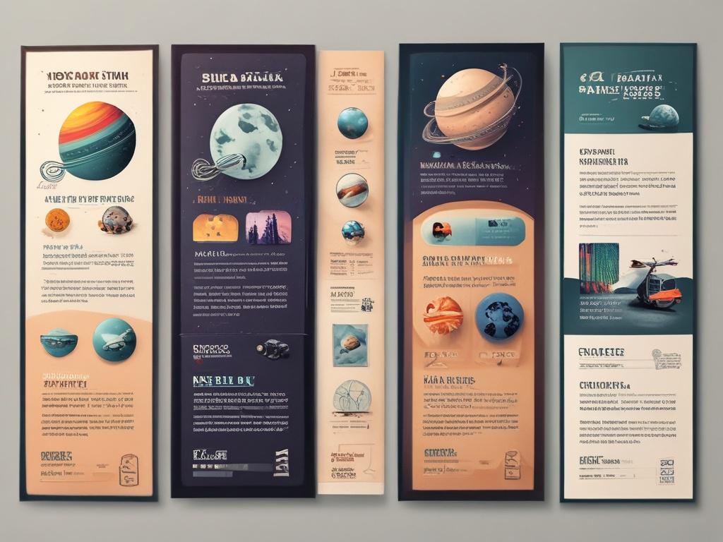 space themed rack cards, sci fi illustrations, vibrant colors, event