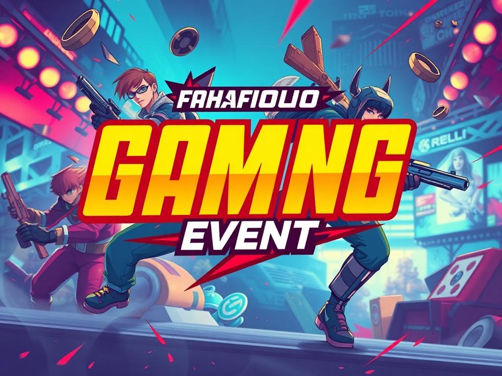 A photorealistic poster design for a gaming event, featuring dynamic