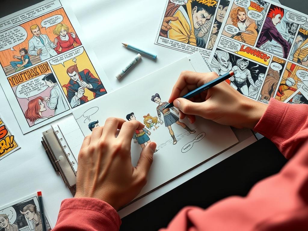A high resolution image depicting a comic artist sketching characters