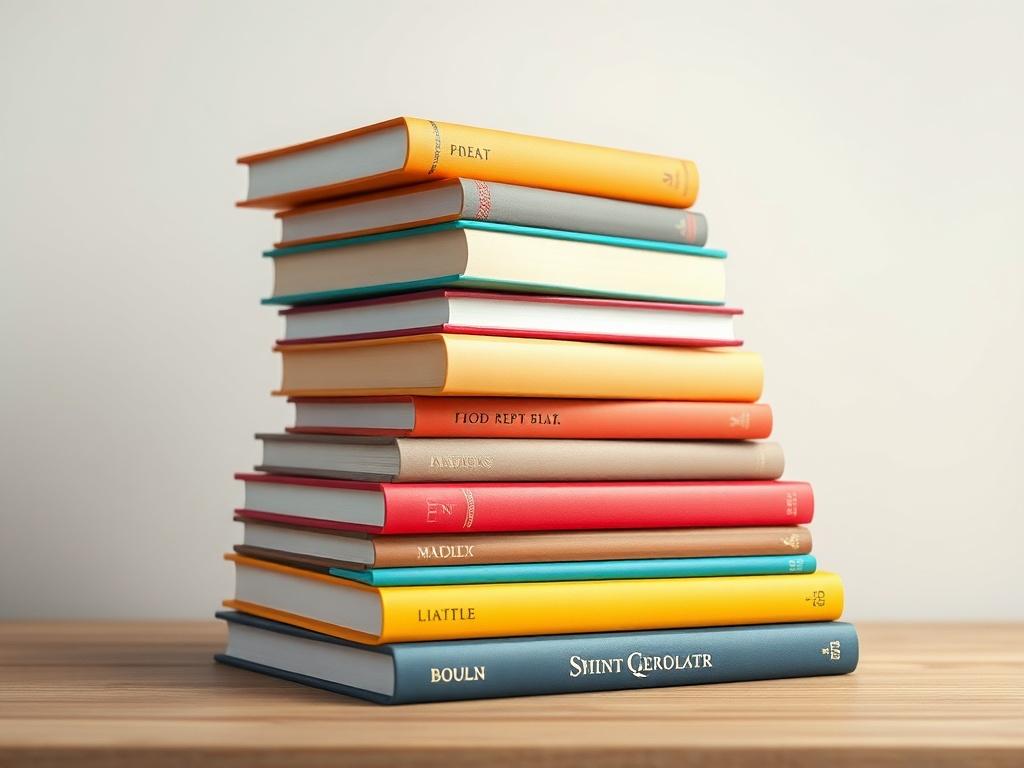 A minimalist, high-resolution image featuring a stack of colorful hardcover books with clean lines and vibrant colors. The background should be soft and unobtrusive, highlighting the books as the main subject. The composition should focus on essential elements, showcasing the beauty of the book covers and the allure of storytelling.