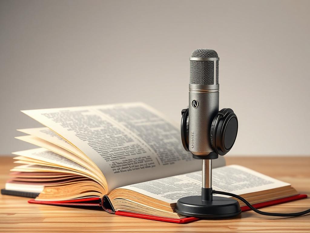 An engaging audiobook setup featuring a microphone, headphones, and an open book, symbolizing the transformation of written content into audio. The background should be minimalist with soft lighting, emphasizing the creative process.