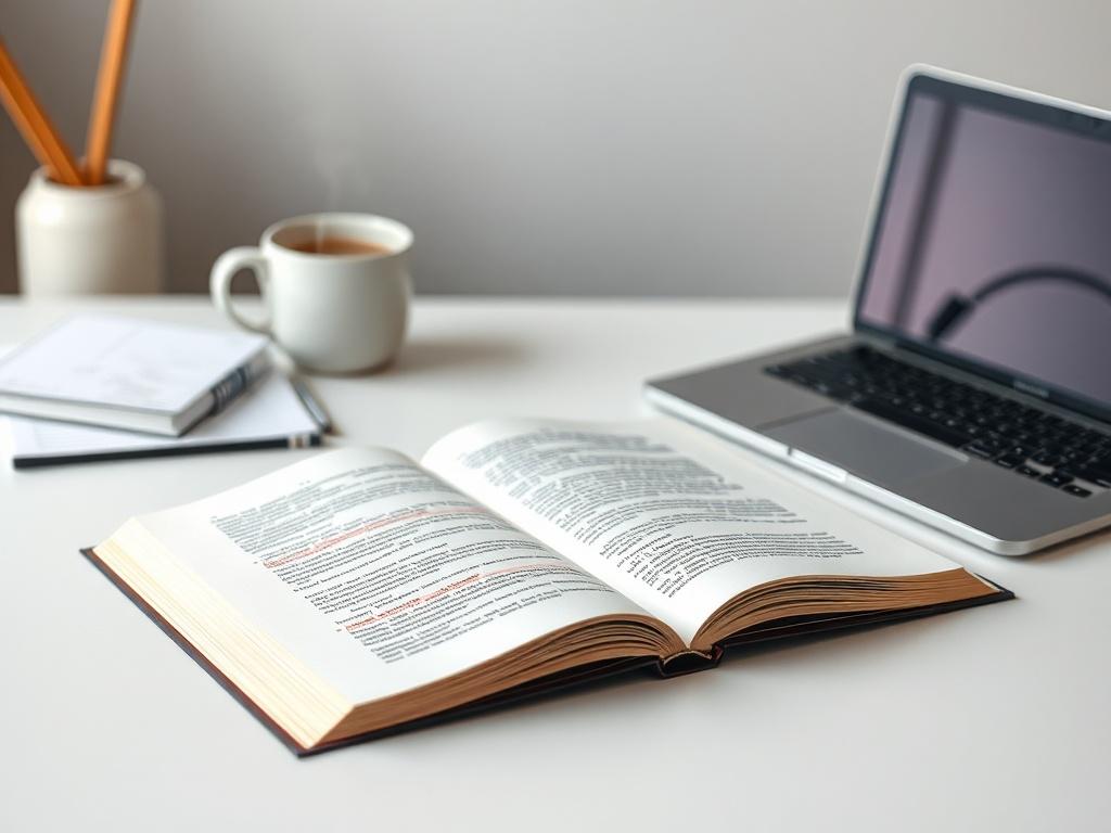 A professional book editing scene featuring a clean desk with an open manuscript, red editing marks visible, a laptop, and a steaming cup of coffee. The background should be softly blurred, creating a minimalistic yet inviting atmosphere.