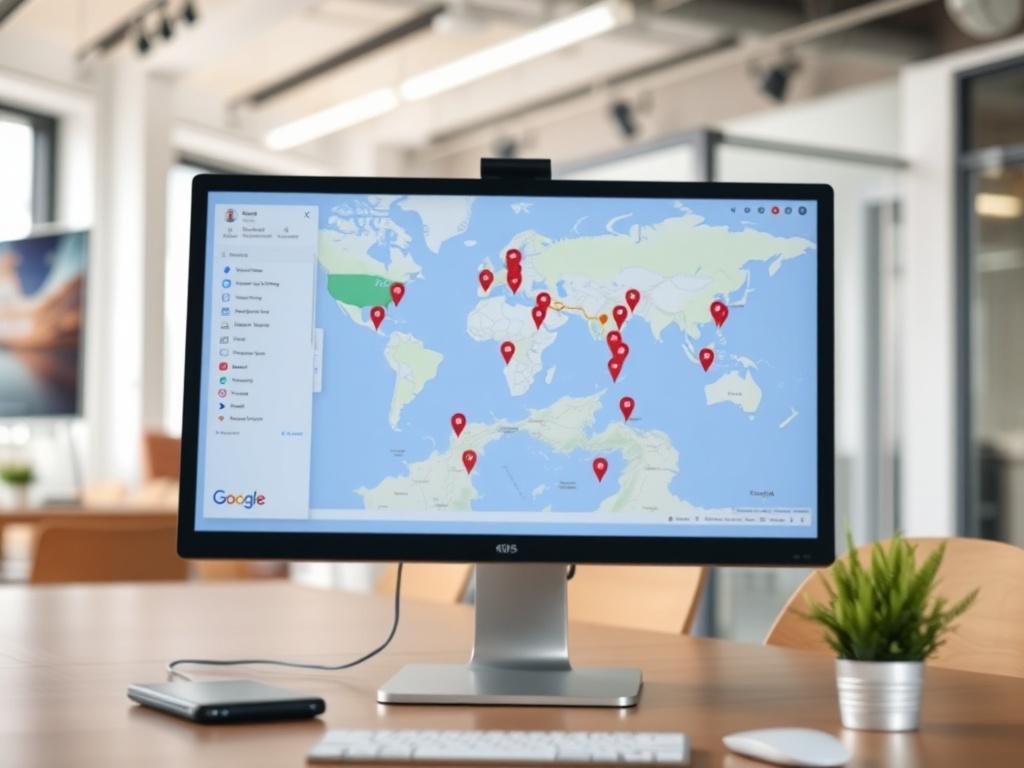 A realistic high-resolution photo of a computer screen displaying a large Google Map with personnel locations marked. The map should be surrounded by minimalistic design elements, such as buttons and clear text, that emphasize user interaction. The focus should be on the map, showcasing the vibrant colors of the map interface, with a blurred background of an office setting. The image should convey a sense of innovation and technology.