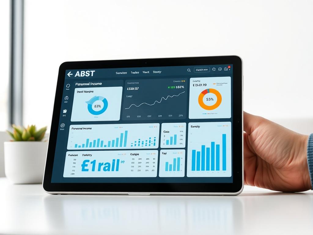 A high-resolution close-up image of a financial tracking dashboard displayed on a tablet. The dashboard shows graphs and statistics related to personnel income. The setting should be modern and professional, with a focus on the tablet and its informative content. The background should be clean and minimalistic to emphasize the dashboard's details.