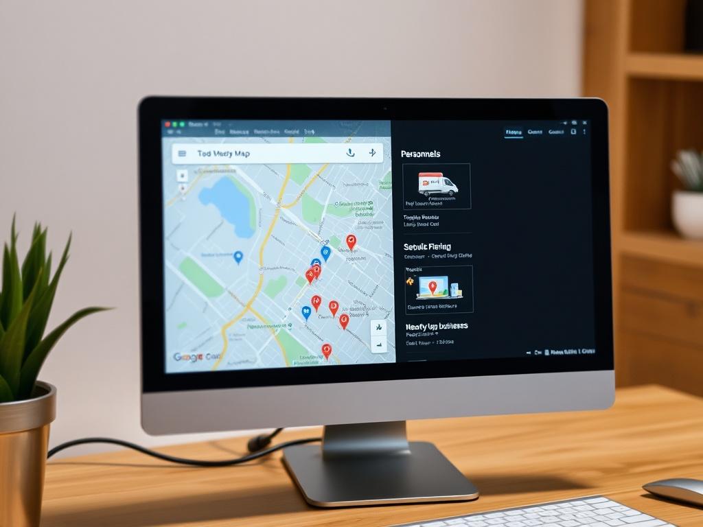 A close-up shot of a Google Map interface on a computer screen, showing personnel locations and nearby businesses. The screen should have clear, user-friendly icons and a vibrant color scheme, with a focus on the map details. The background should be minimalistic to enhance the visibility of the map. The image should convey a sense of modern technology and user engagement.