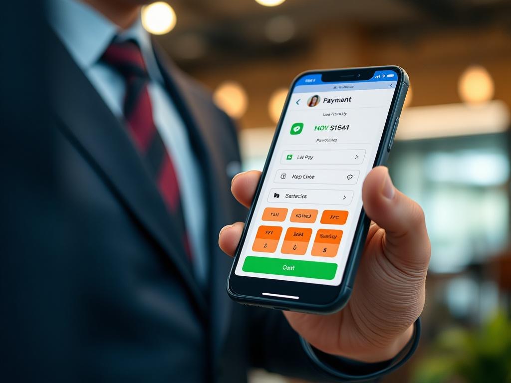 A realistic high-resolution image showing a payment processing interface on a smartphone in a professional setting. The screen displays a user-friendly payment system with clear buttons and options. The background should be slightly blurred, focusing on the smartphone and its vibrant display. The image should evoke a sense of convenience and modern technology.