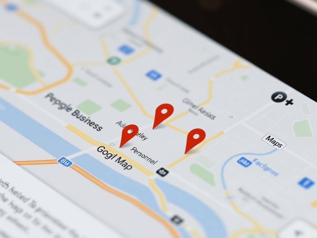 A close-up shot of a Google Map interface highlighting personnel locations and nearby businesses, with a clean design, minimalistic text elements, and clear call-to-action buttons around the map, shot with a 45mm f/1.2 lens style.