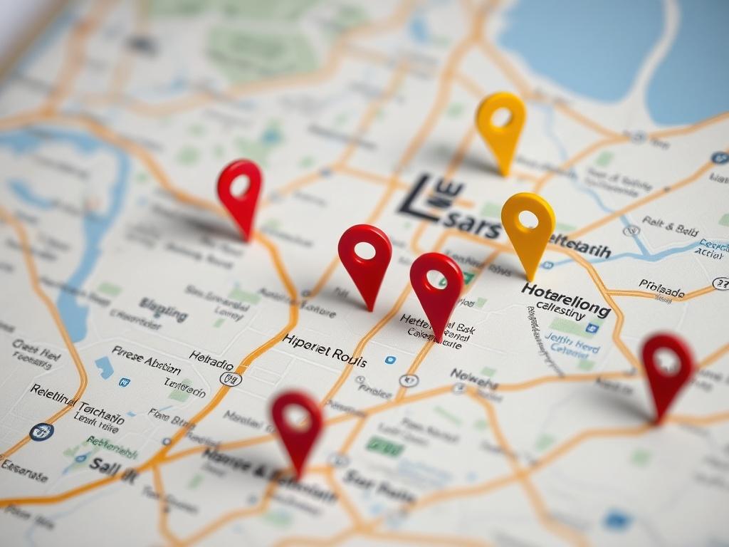 A close-up shot of a map displaying local businesses with highlighted markers, engaging design elements, and accessible information, shot with a 45mm f/1.2 lens style.