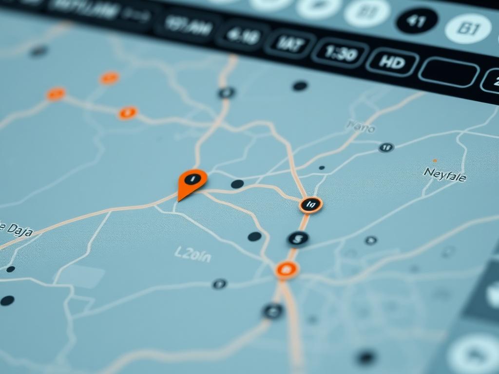 A close-up shot of a user-friendly map interface with highlighted features, minimalistic design elements, and interactive buttons, shot with a 45mm f/1.2 lens style.