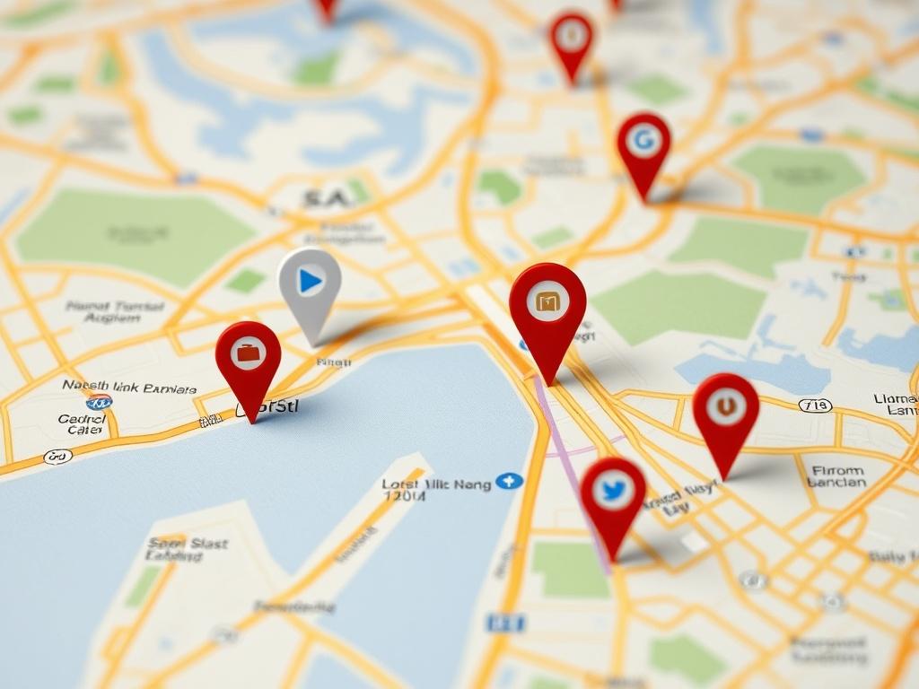 An interactive Google Map showcasing various features like clickable business markers and user engagement options. The map should be visually appealing, with vibrant colors and clear icons. It should highlight the interactive elements, such as information pop-ups and sharing options. The background must be clean to ensure the map takes center stage, with an emphasis on usability and user interaction.
