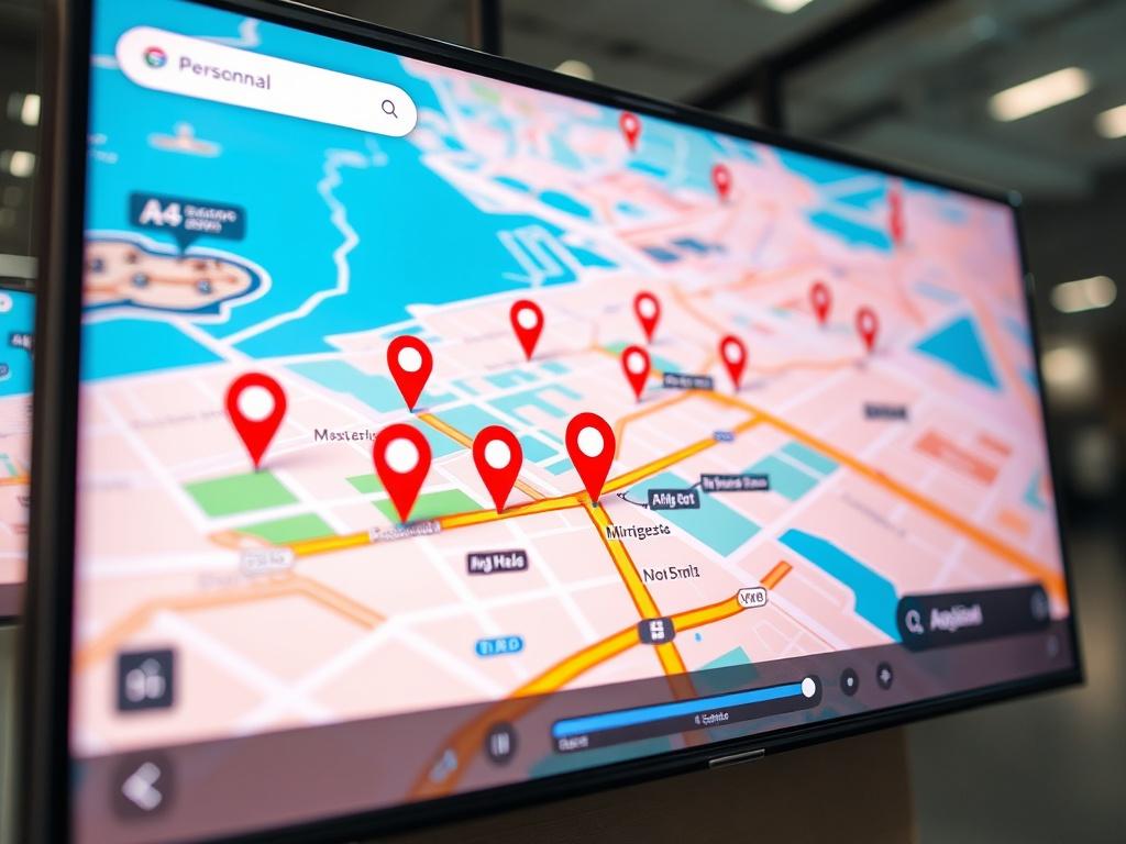 A close-up shot of a digital map interface showing personnel locations and nearby businesses on a large screen, with vibrant colors and clear details. The map should have a user-friendly layout with location pins and business icons. The background should be simple, focusing on the map display to enhance clarity and usability. Shot with a 45mm f/1.2 lens.