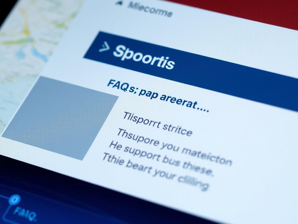 A close-up shot of a user support interface with FAQs and tutorial materials focused on map usage. The design should be clear and informative, showcasing the support services available. The background should be subtle, ensuring the focus remains on the support interface. Shot with a 45mm f/1.2 lens.