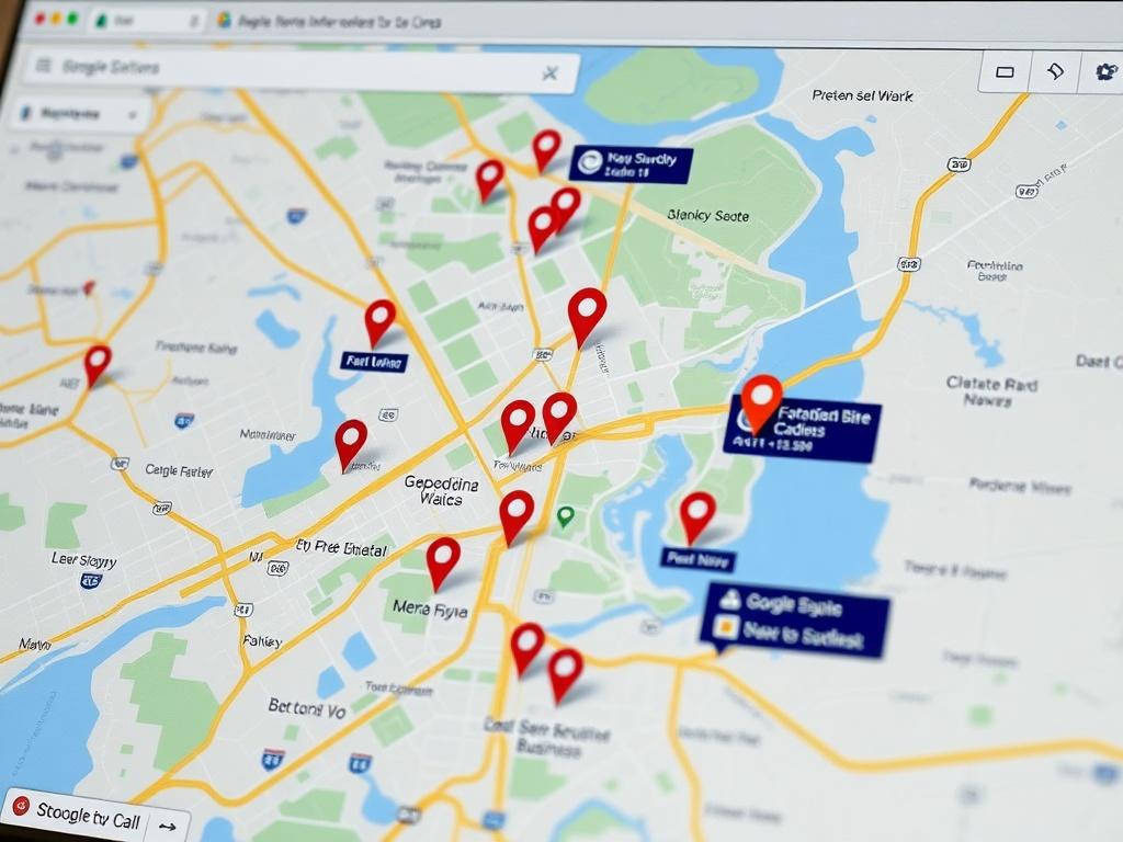 A large, detailed Google Map centered on a web page, showing various personnel locations and nearby businesses. The map should be vibrant and user-friendly, with markers indicating different locations. The background should be simple and clean, ensuring the map stands out prominently. Include subtle call-to-action buttons around the map, inviting users to explore nearby options. The composition should focus on clarity and engagement, with a close-up view of the map's interactive features.